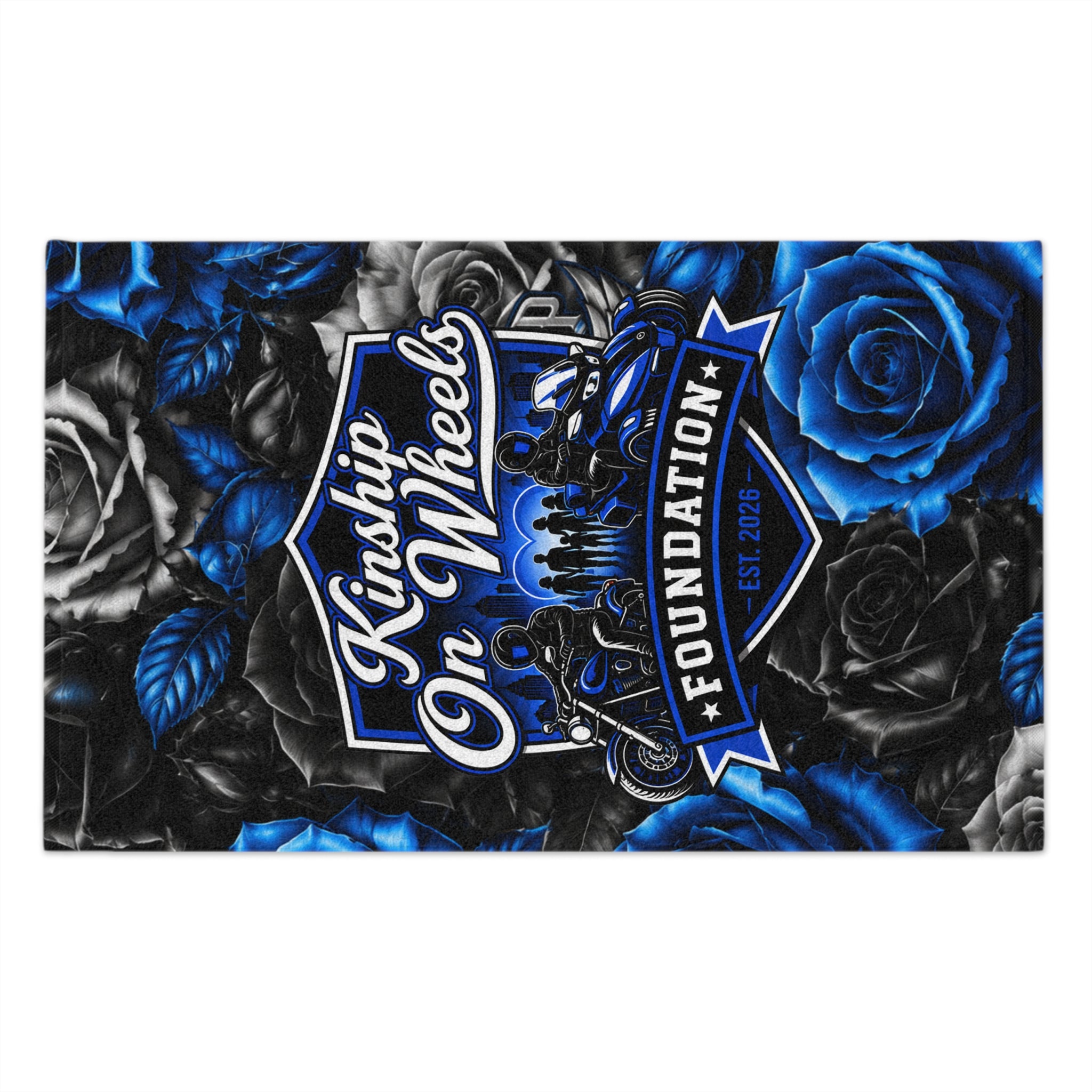 Kinship On Wheels Foundation Rally Towel — 11x18 Blue & Black Rose Motorcycle Support Towel