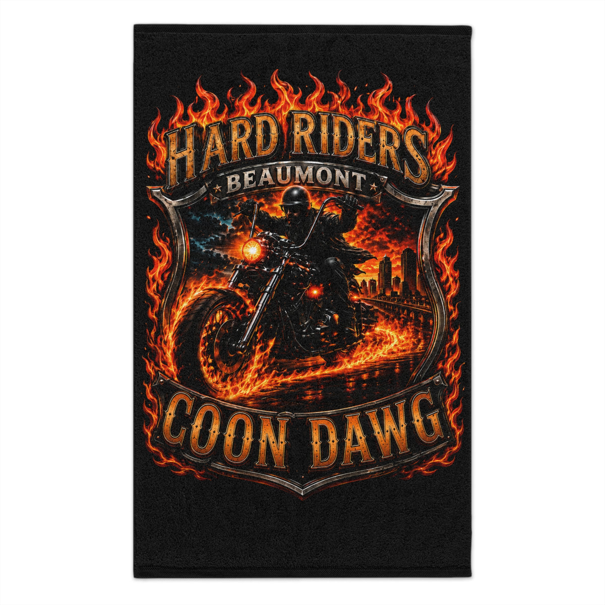 Hard Riders Beaumont Rally Towel — Coon Dawg Motorcycle Flame Design (11x18)