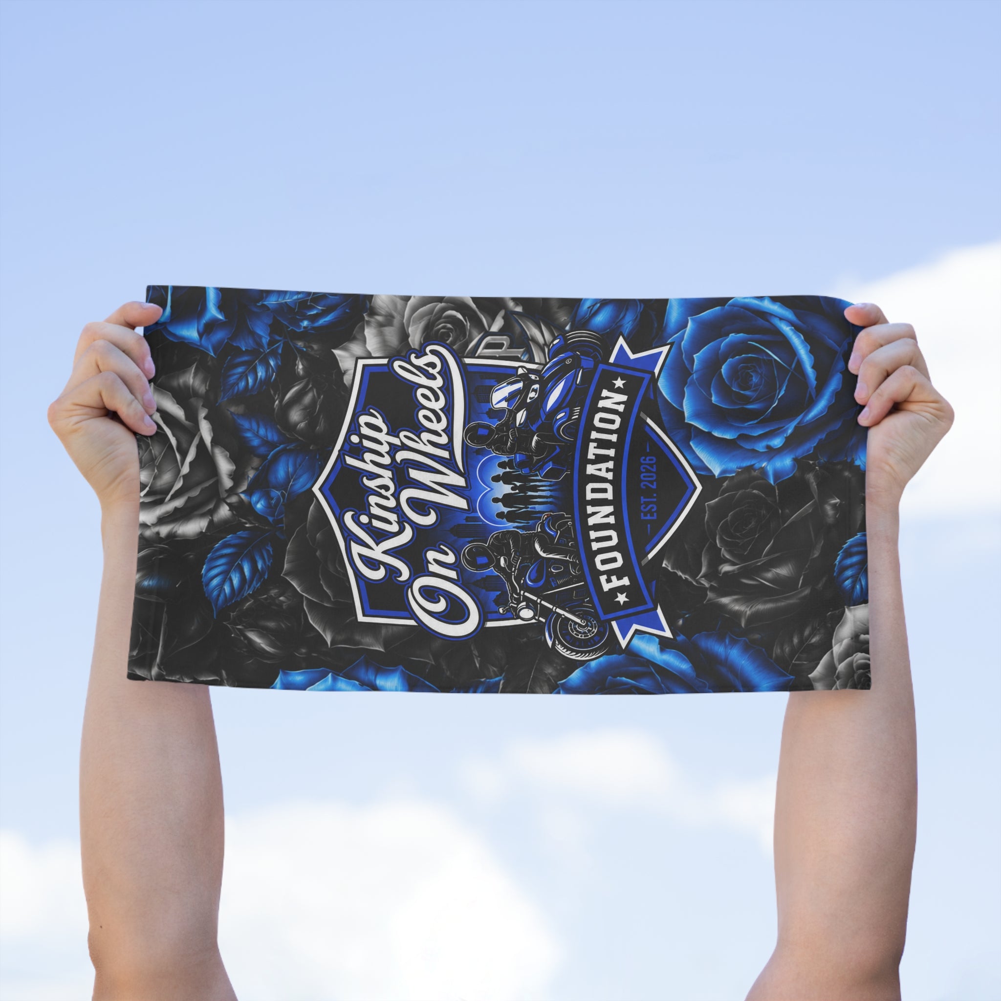 Kinship On Wheels Foundation Rally Towel — 11x18 Blue & Black Rose Motorcycle Support Towel