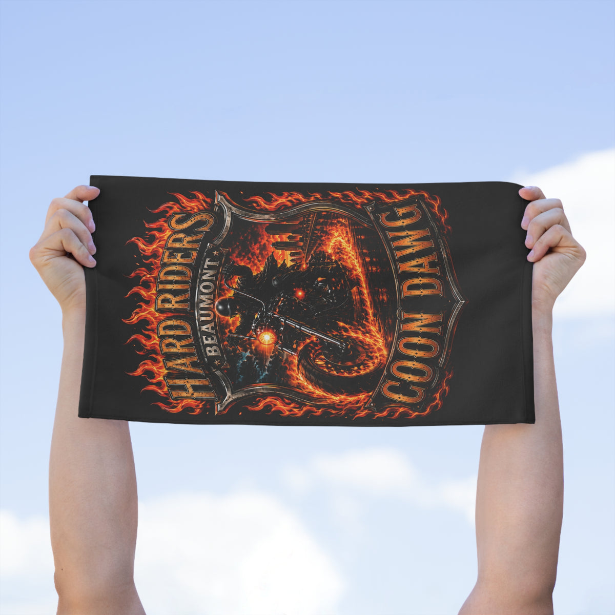 Hard Riders Beaumont Rally Towel — Coon Dawg Motorcycle Flame Design (11x18)