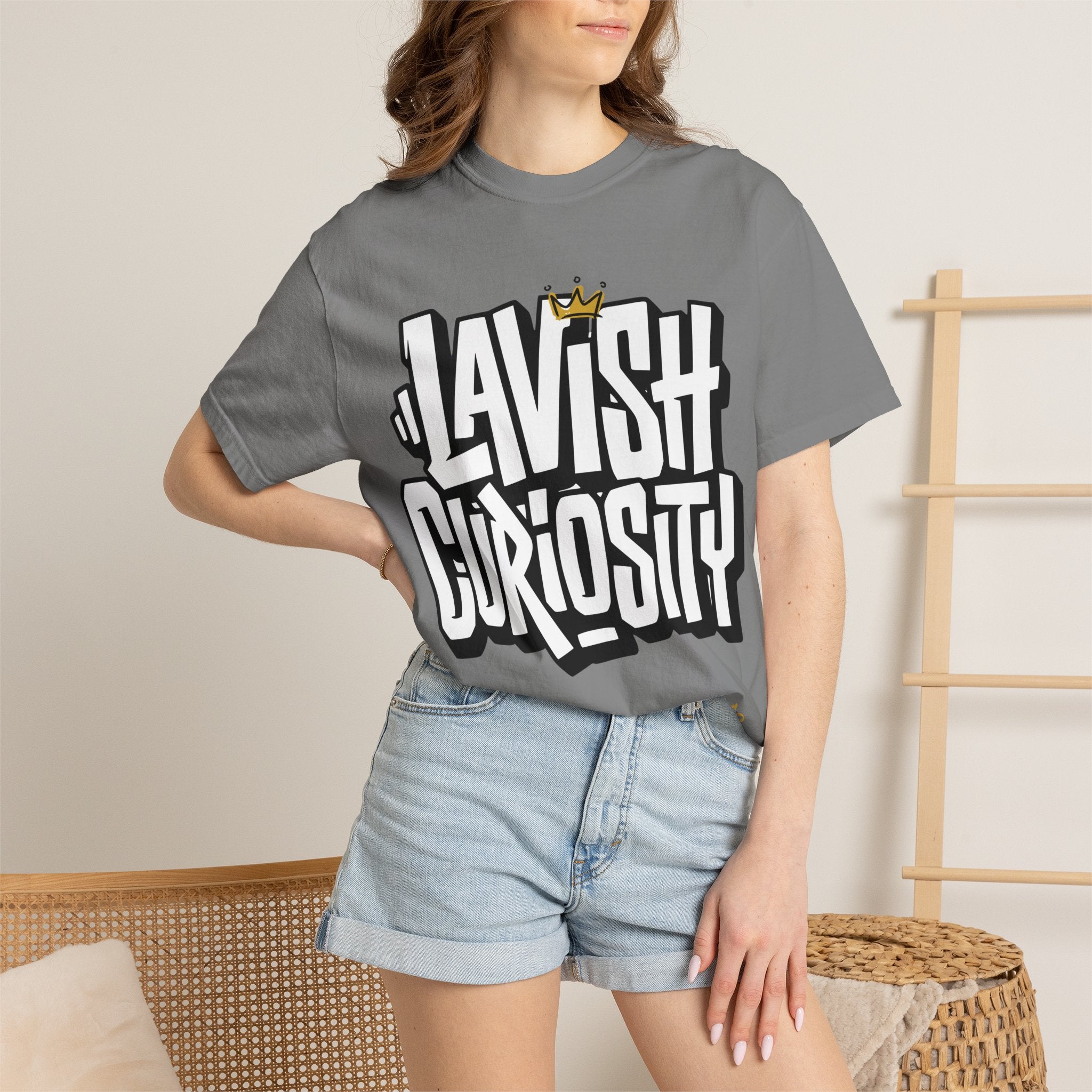 Lavish Curiosity T-Shirt — 'Lavish Curiosity' Graphic Tee with Crown Script