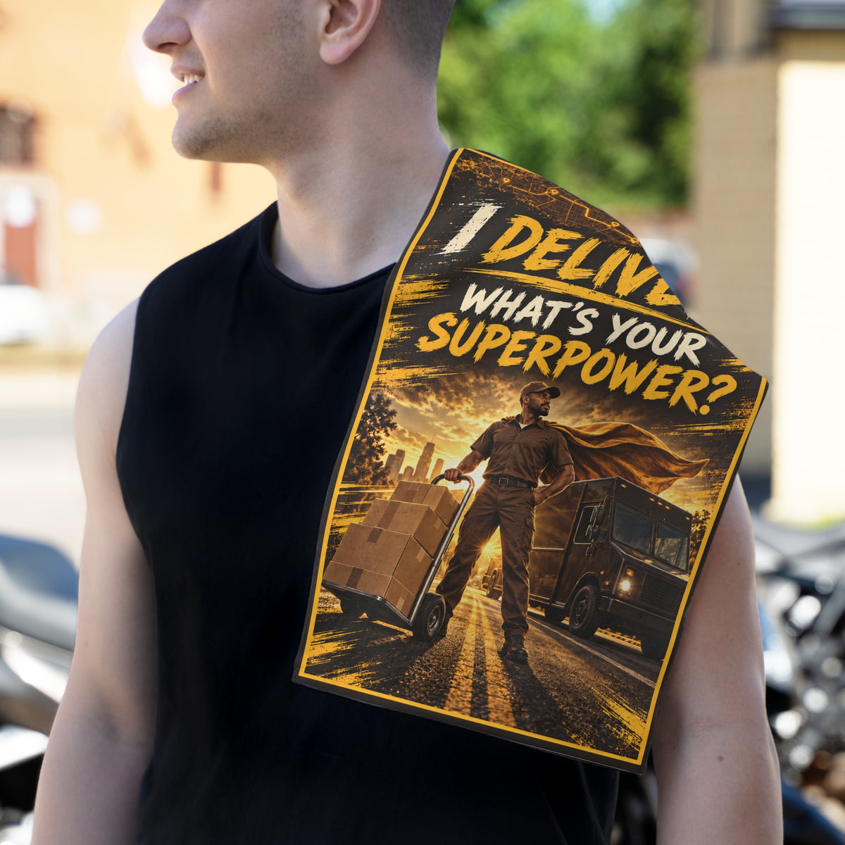 Delivery Rally Towel — "I Deliver. What's Your Superpower?"