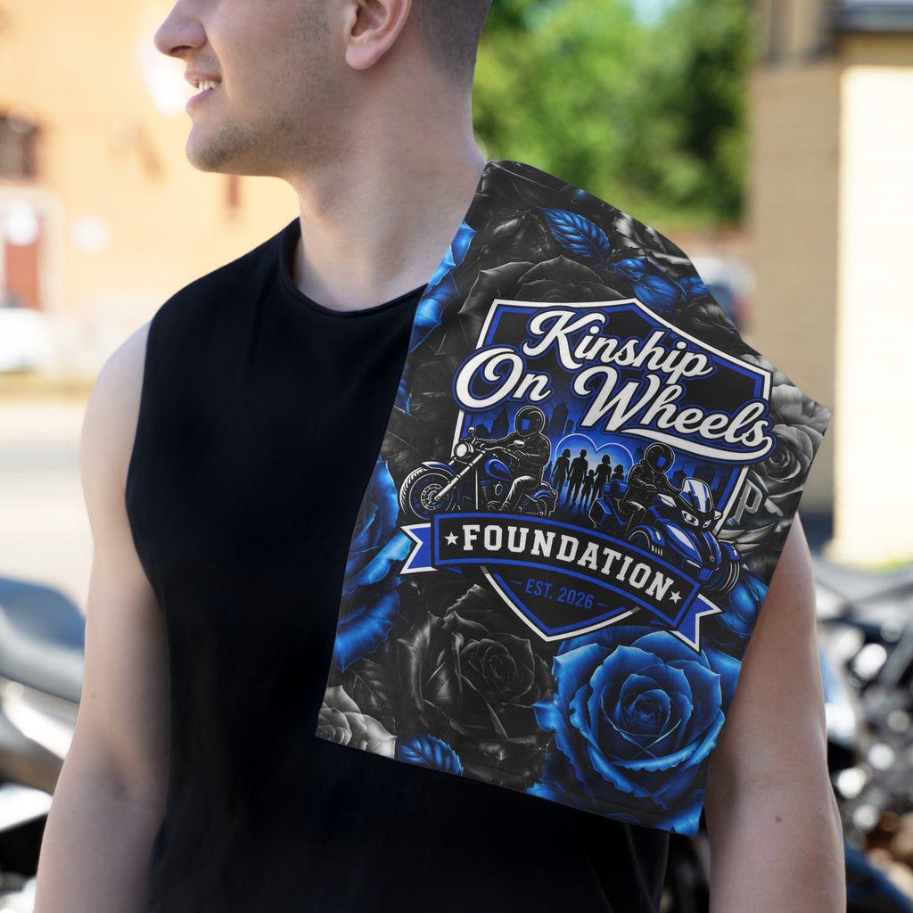 Kinship On Wheels Foundation Rally Towel — 11x18 Blue & Black Rose Motorcycle Support Towel