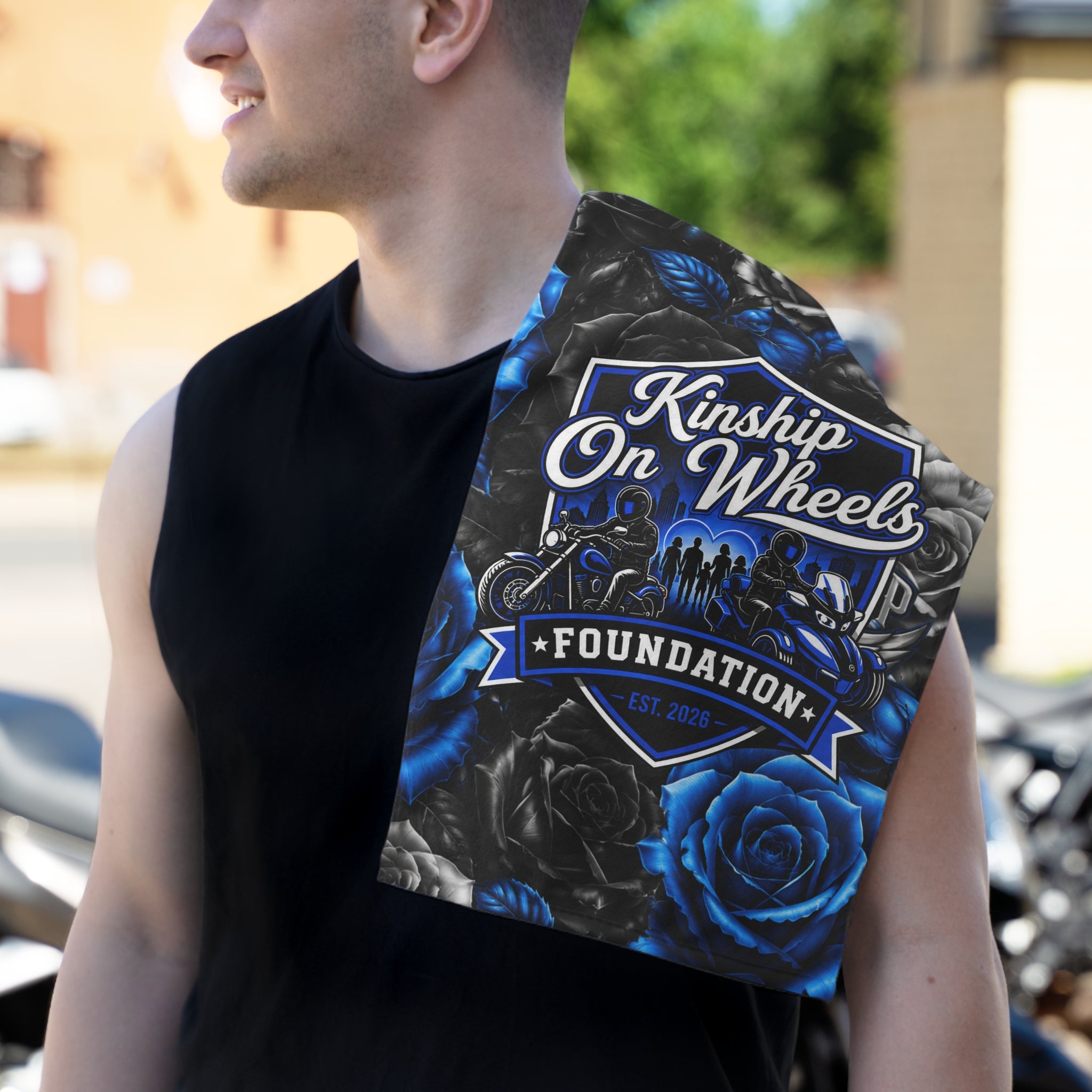 Kinship On Wheels Foundation Rally Towel — 11x18 Blue & Black Rose Motorcycle Support Towel