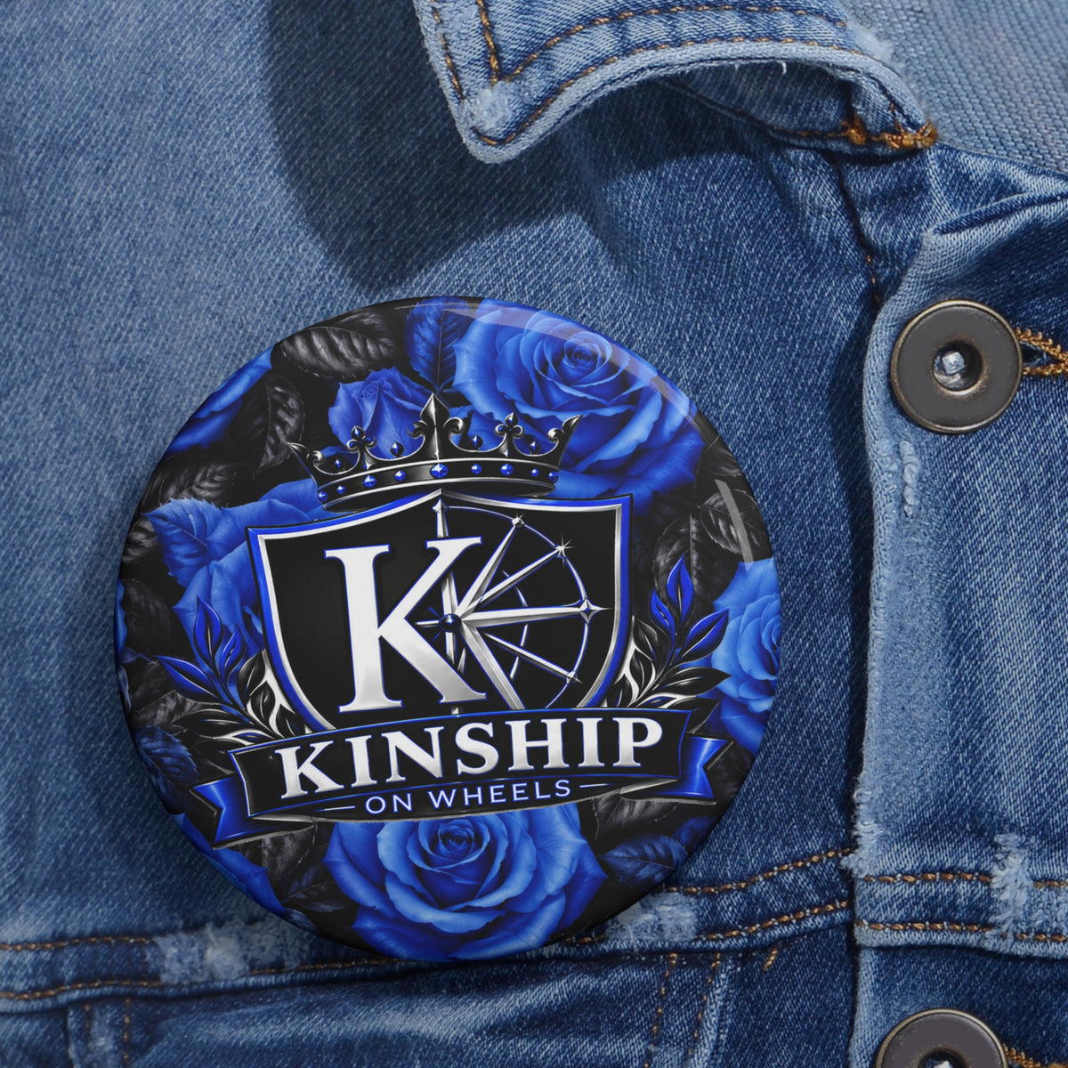 Kinship On Wheels Blue Rose Pin Button