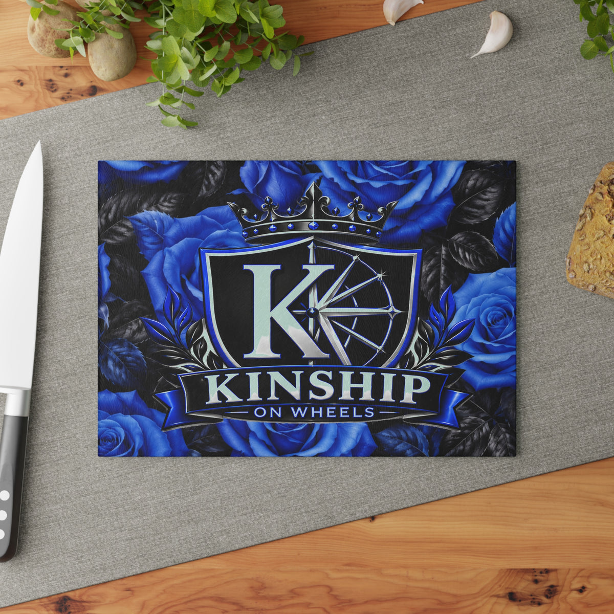 Kinship on Wheels Blue Rose Glass Cutting Board