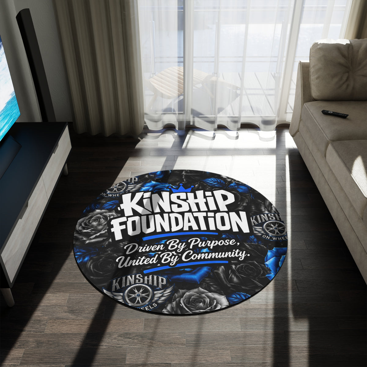 Kinship Foundation Round Rug — Blue Rose Logo Mat, "Driven By Purpose, United By Community"