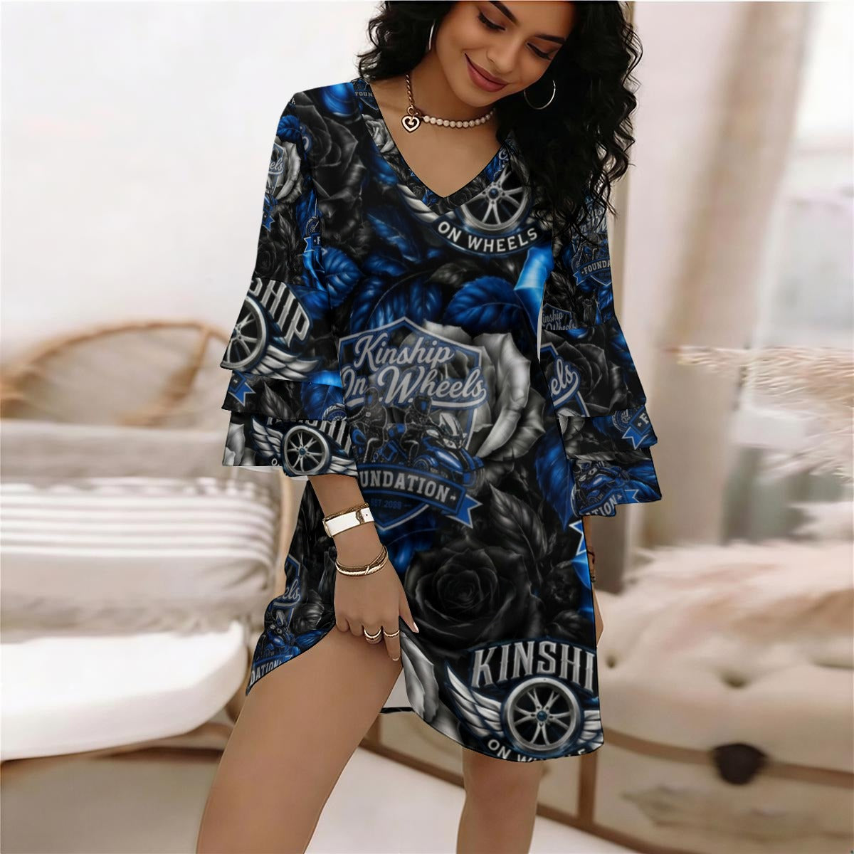 All-Over Print Women's Stacked Ruffle Sleeve Dress