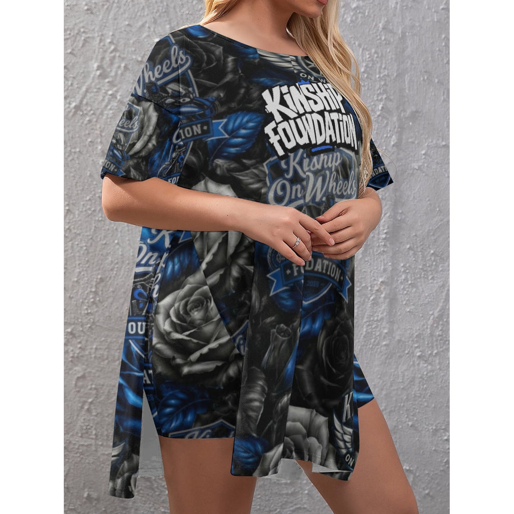 All-Over Print Women's Drop-Shoulder T-Shirt with Side Split and Shorts (Plus Size)