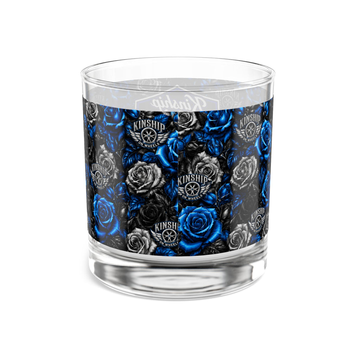 Kinship on Wheels Foundation 10oz Rocks Glass — Blue & Black Rose Whiskey Tumbler