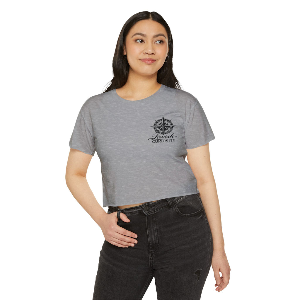 Lavish Curiosity Crop Top — 'Explore Beyond' Festival Women's Graphic Tee