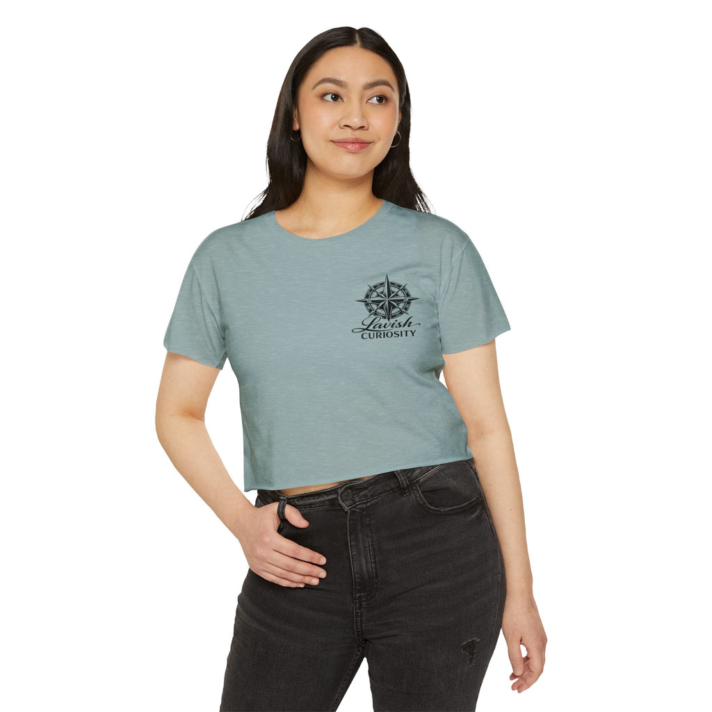 Lavish Curiosity Crop Top — 'Explore Beyond' Festival Women's Graphic Tee