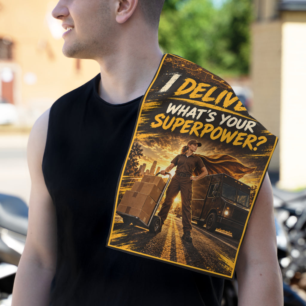 Rally Towel — "I Deliver. What's Your Superpower?" Delivery Driver Gift (11x18)