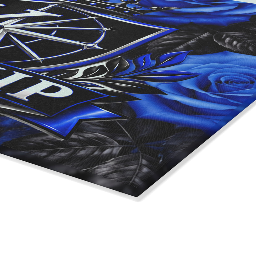 Kinship on Wheels Blue Rose Glass Cutting Board