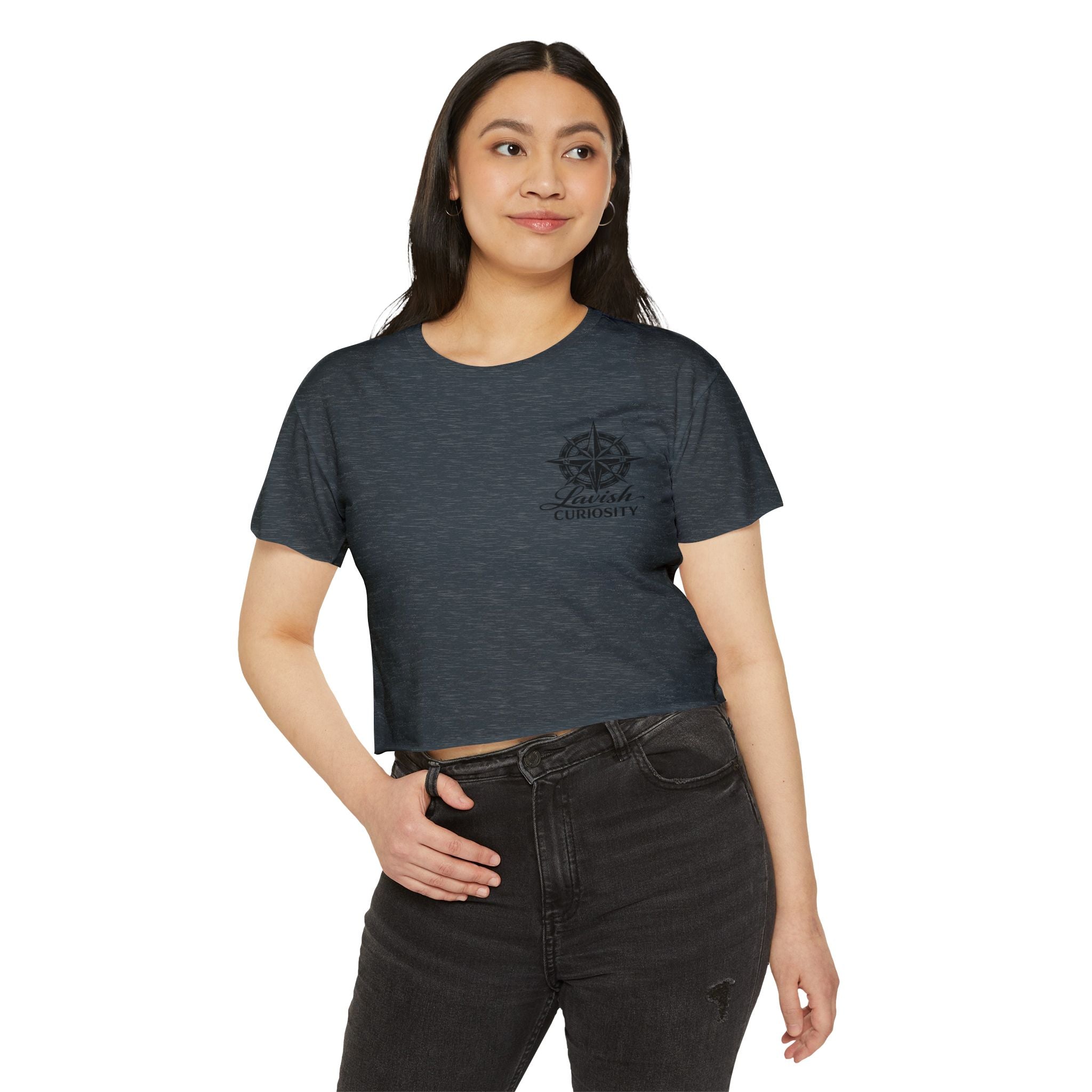 Lavish Curiosity Crop Top — 'Explore Beyond' Festival Women's Graphic Tee