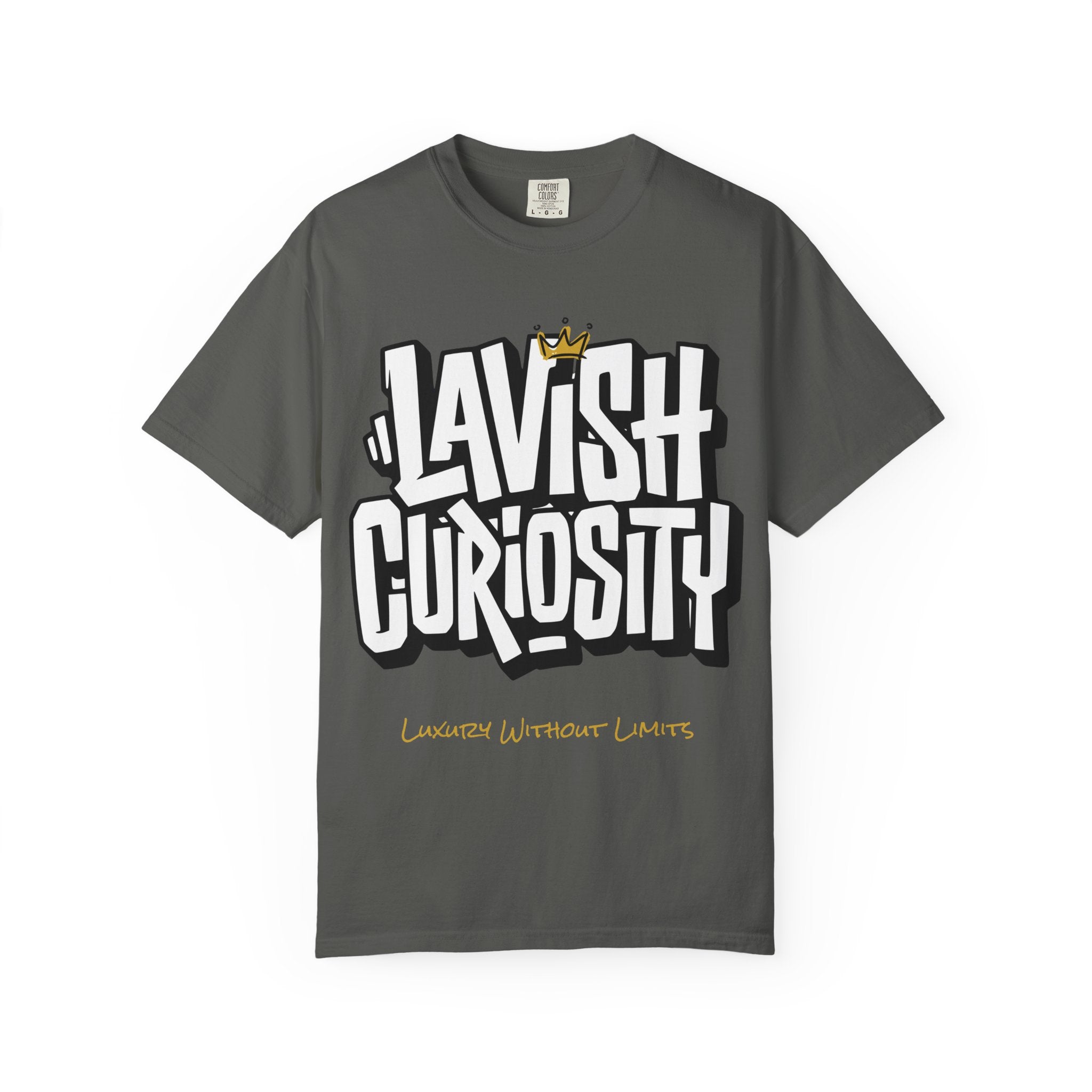 Lavish Curiosity T-Shirt — 'Lavish Curiosity' Graphic Tee with Crown Script