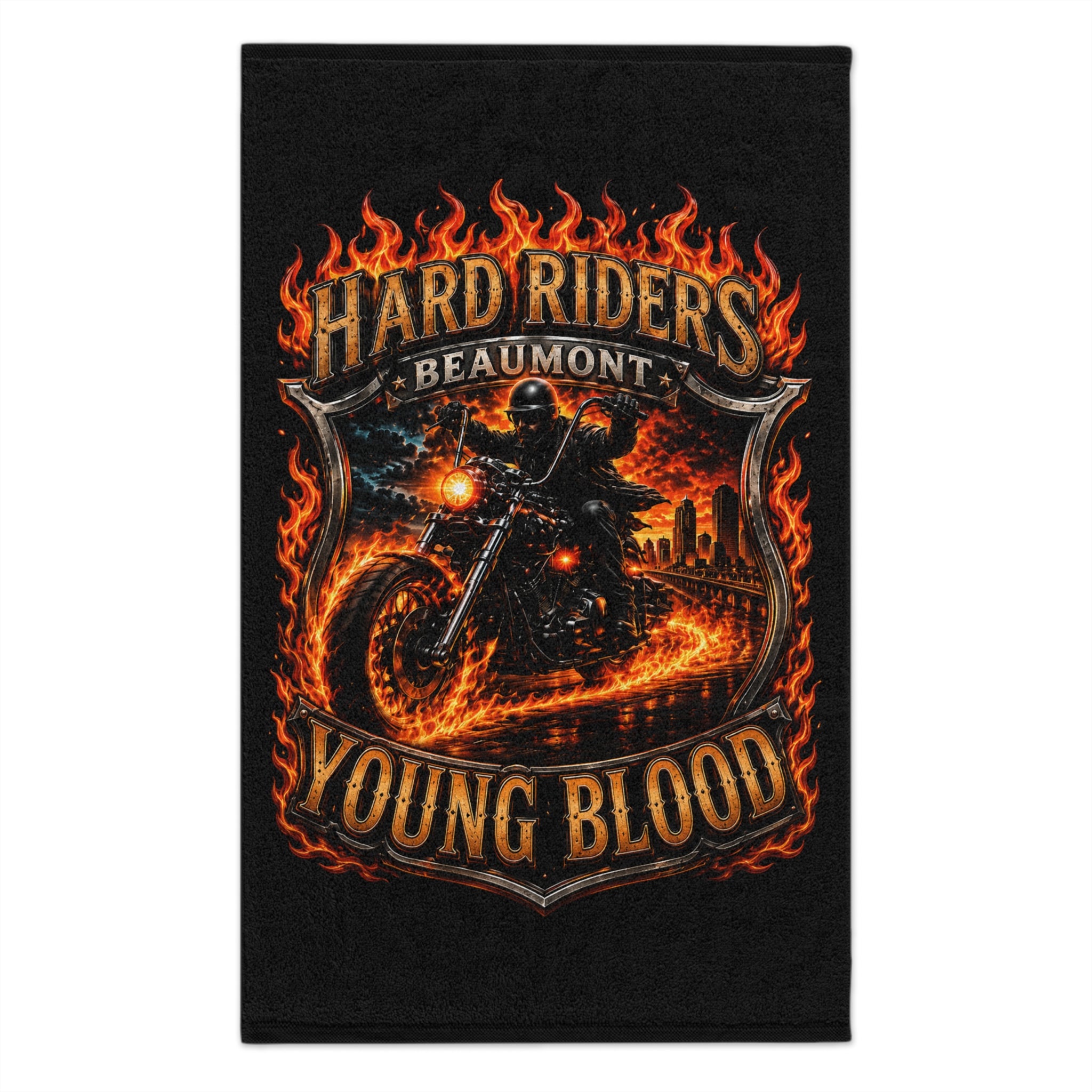 Hard Riders Young Blood Rally Towel – 11x18 Motorcycle Flame Design