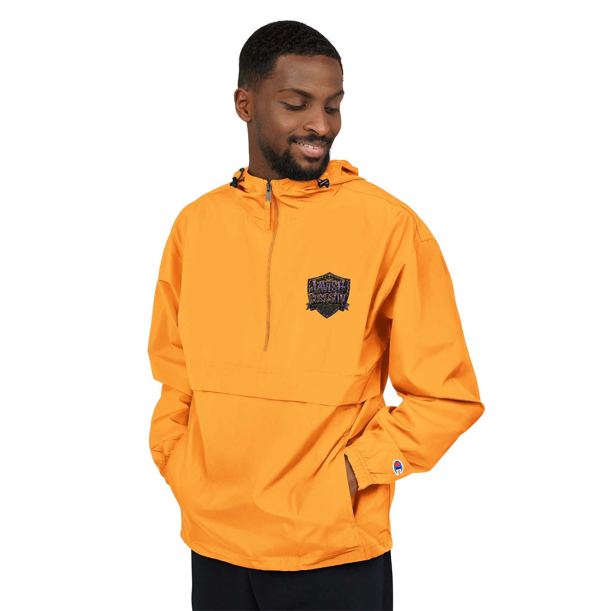 Anorak Jacket — Orange Packable Windbreaker with Floral Skull Patch