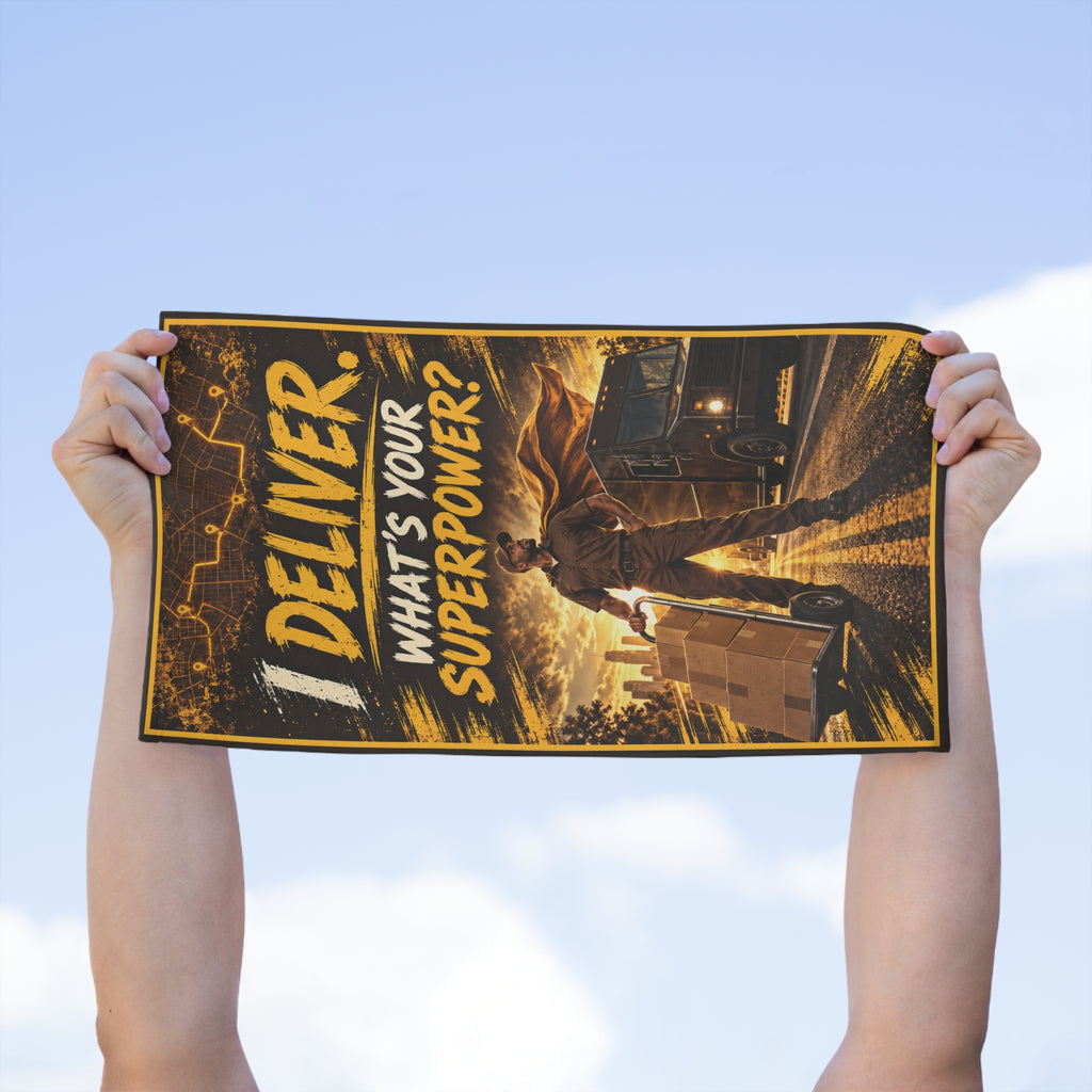 Delivery Rally Towel — "I Deliver. What's Your Superpower?"