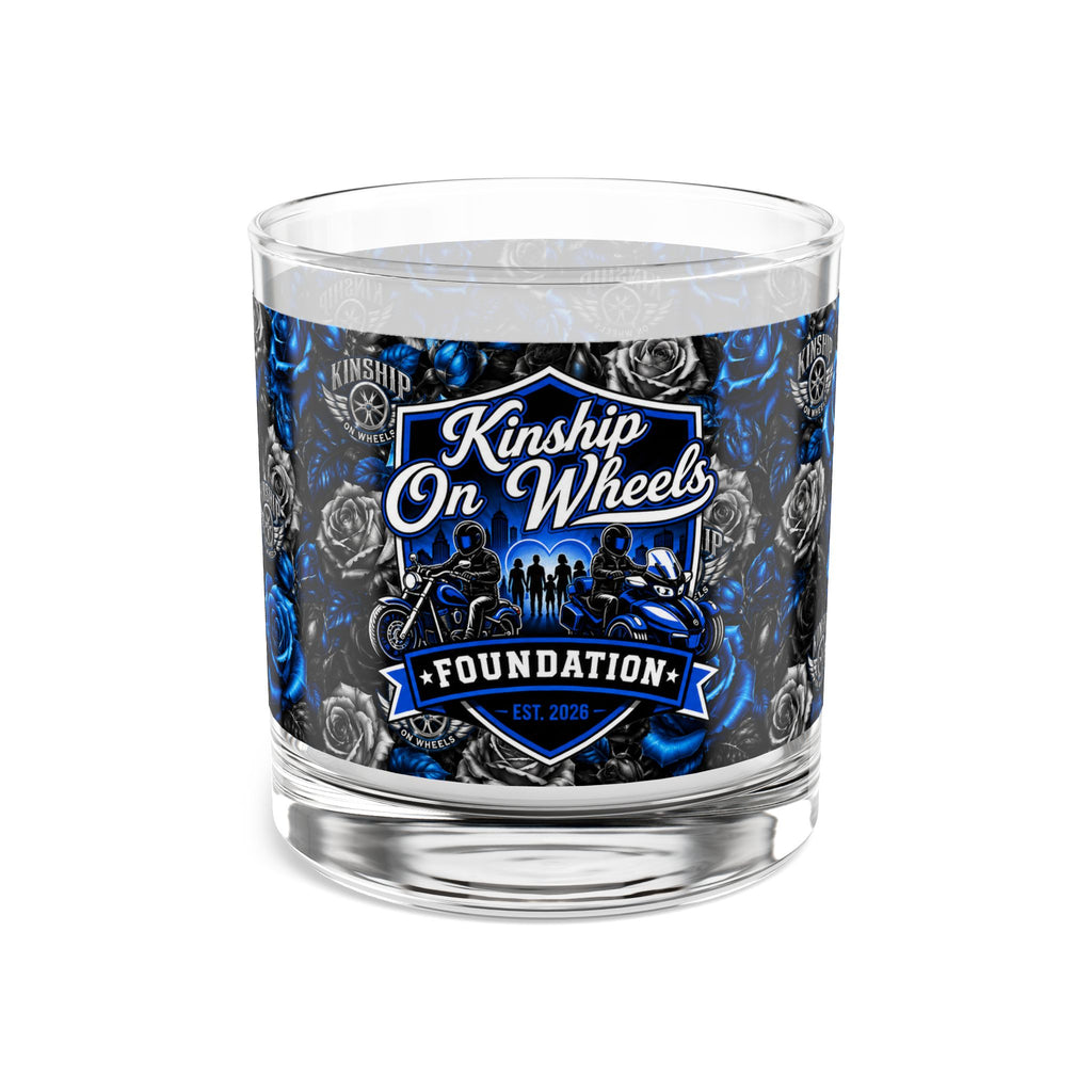 Kinship on Wheels Foundation 10oz Rocks Glass — Blue & Black Rose Whiskey Tumbler