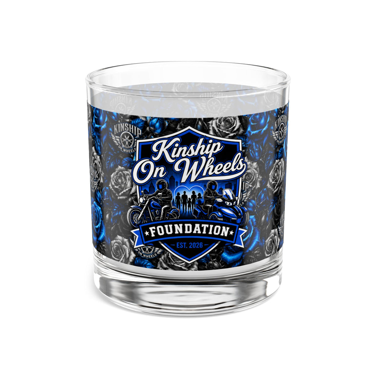 Kinship on Wheels Foundation 10oz Rocks Glass — Blue & Black Rose Whiskey Tumbler