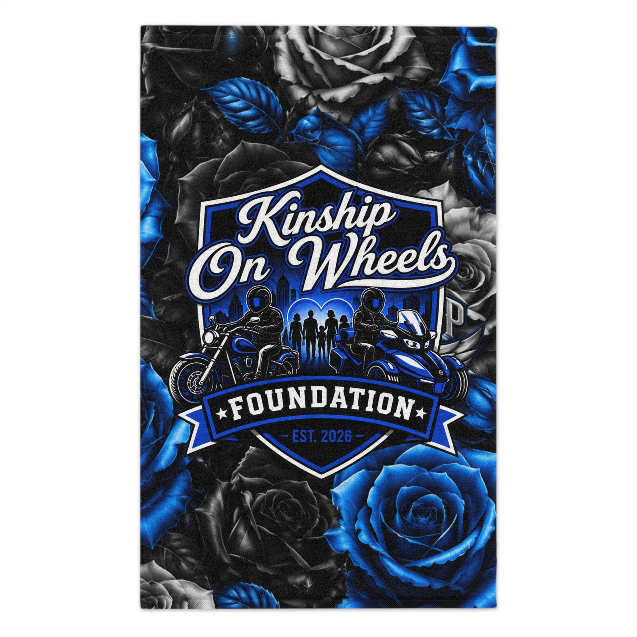 Kinship On Wheels Foundation Rally Towel — 11x18 Blue & Black Rose Motorcycle Support Towel