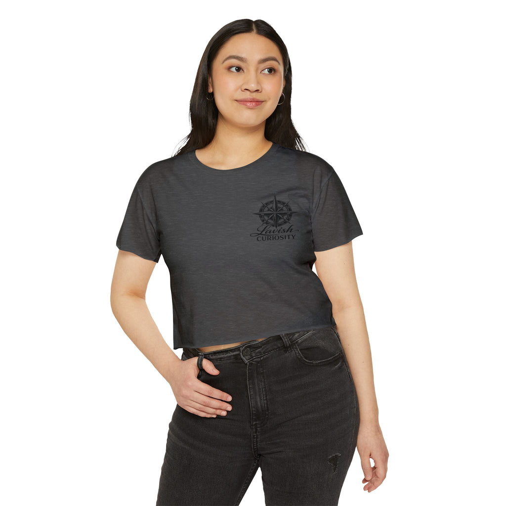 Lavish Curiosity Crop Top — 'Explore Beyond' Festival Women's Graphic Tee
