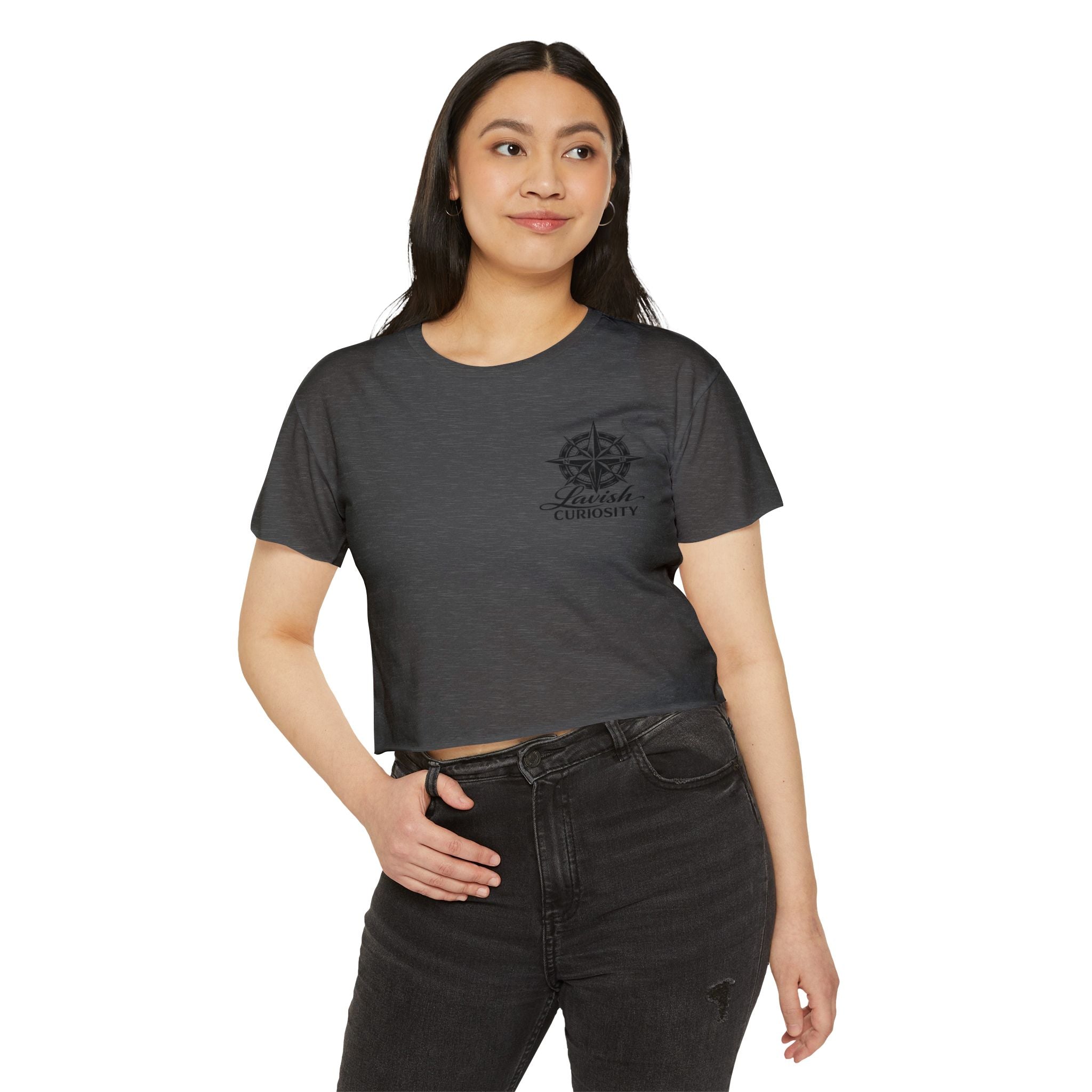 Lavish Curiosity Crop Top — 'Explore Beyond' Festival Women's Graphic Tee