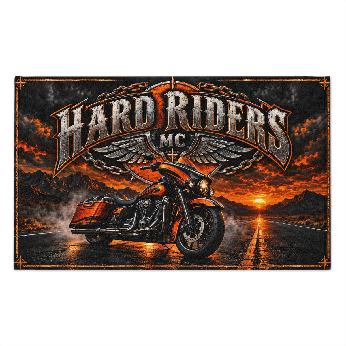 Hard Riders MC Motorcycle Rally Towel — 11x18 Orange Sunset Bike Design