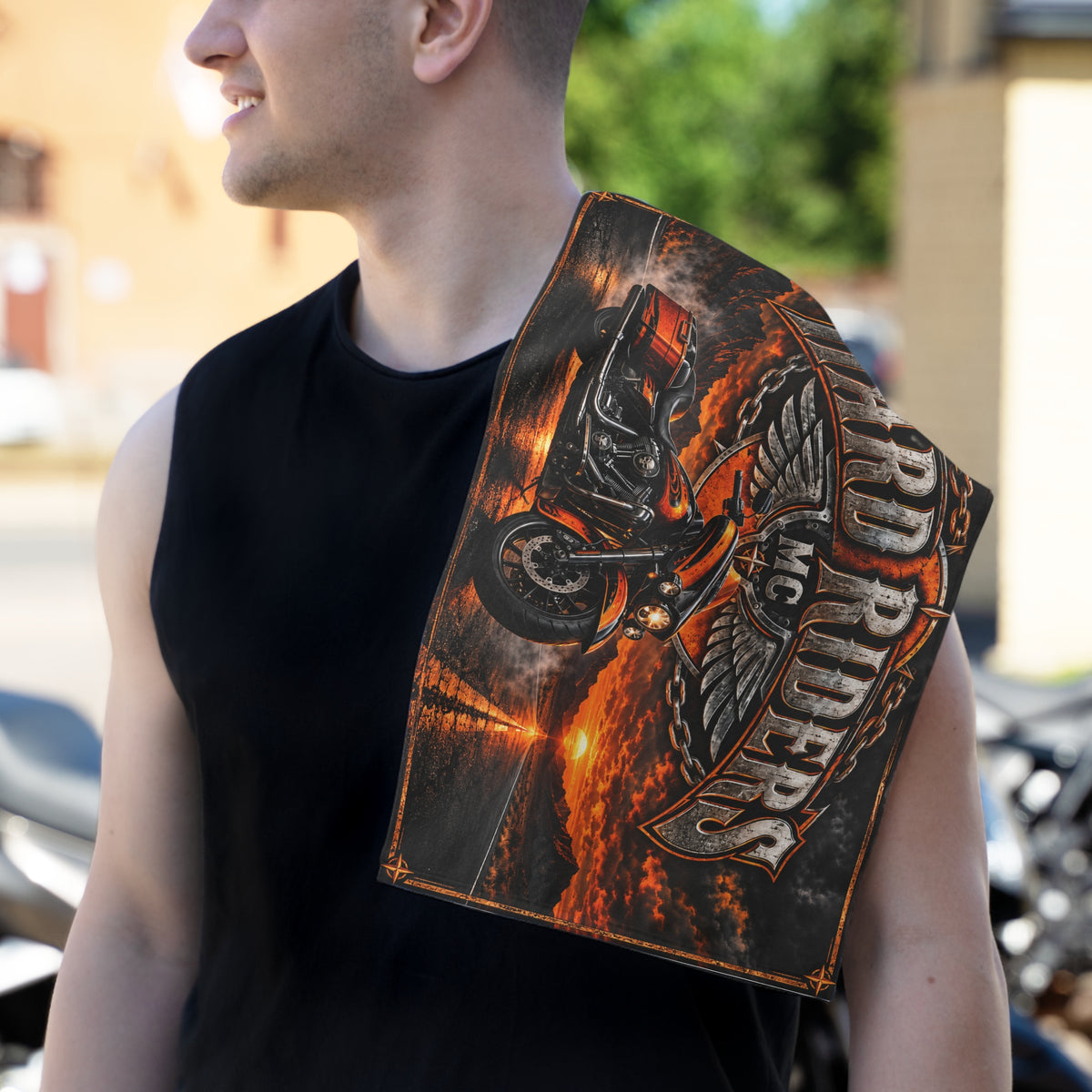 Hard Riders MC Motorcycle Rally Towel — 11x18 Orange Sunset Bike Design