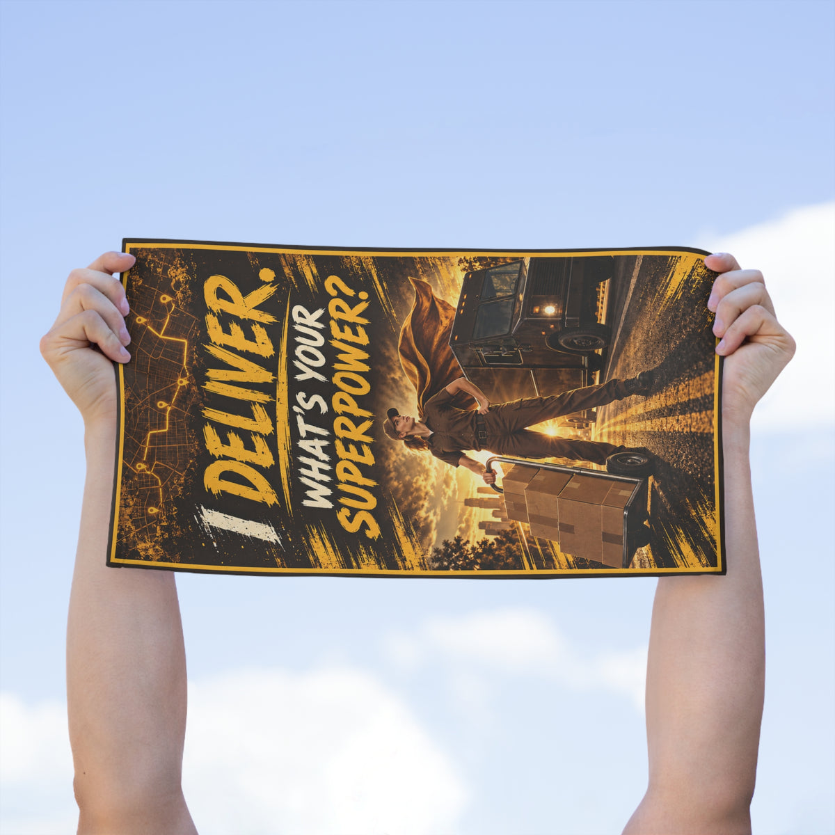 Rally Towel — "I Deliver. What's Your Superpower?" Delivery Driver Gift (11x18)