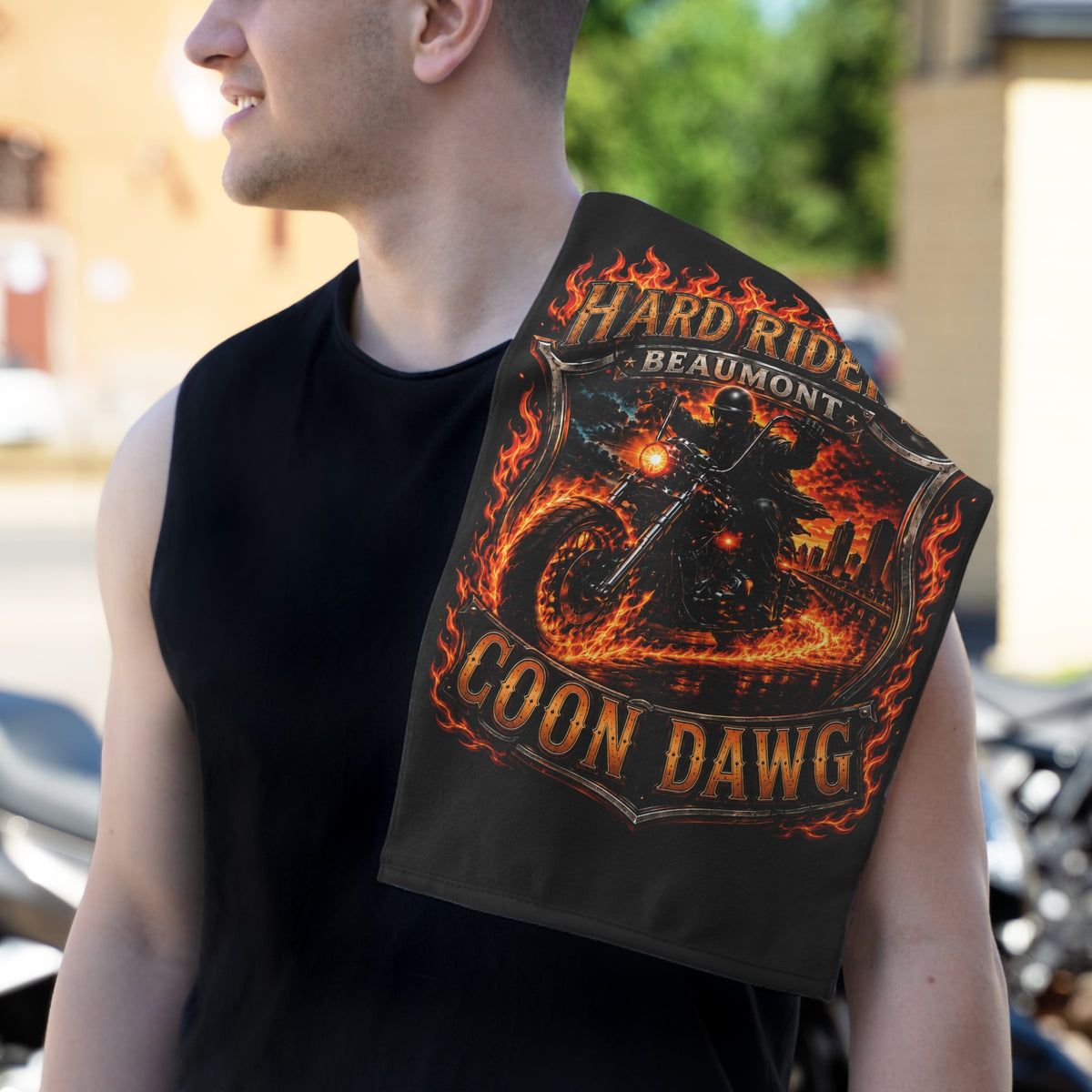 Hard Riders Beaumont Rally Towel — Coon Dawg Motorcycle Flame Design (11x18)