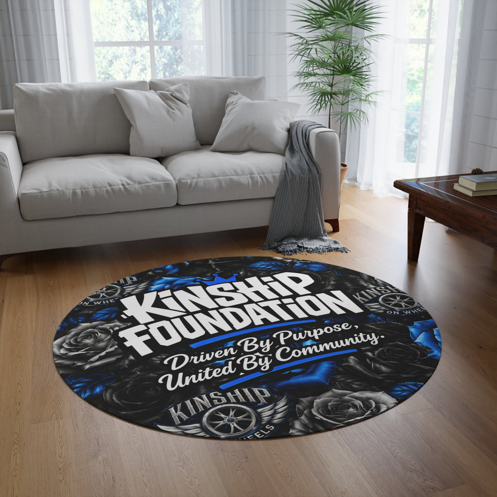 Kinship Foundation Round Rug — Blue Rose Logo Mat, "Driven By Purpose, United By Community"